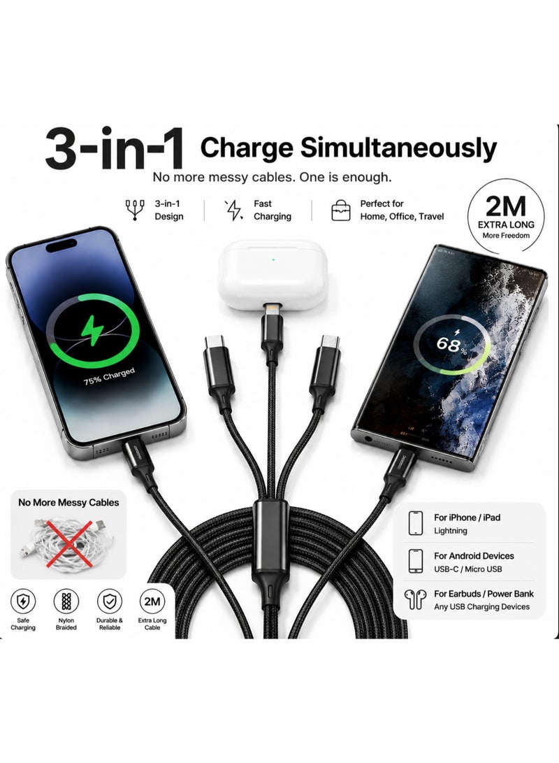 Black 2M Extra Long 3-in-1 Multi Charging Cable, Nylon Braided Universal USB to Type-C/Micro/Lightning Cord for iPhone, Samsung - Image 2