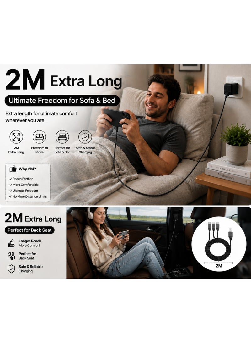 Black 2M Extra Long 3-in-1 Multi Charging Cable, Nylon Braided Universal USB to Type-C/Micro/Lightning Cord for iPhone, Samsung - Image 4