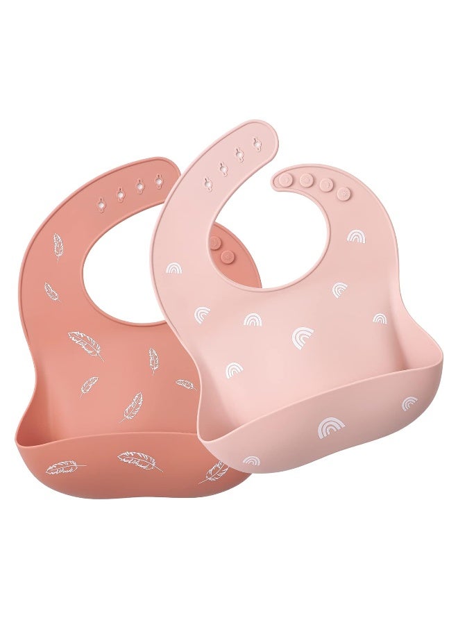 ROCCED Baby Silicone Bibs 2 Sets Baby Bibs with Food Catcher for Girls Boys Toddlers BPA Free Waterproof Soft Adjustable for Babies-Soft Pink/Pale Mauve - Image 1