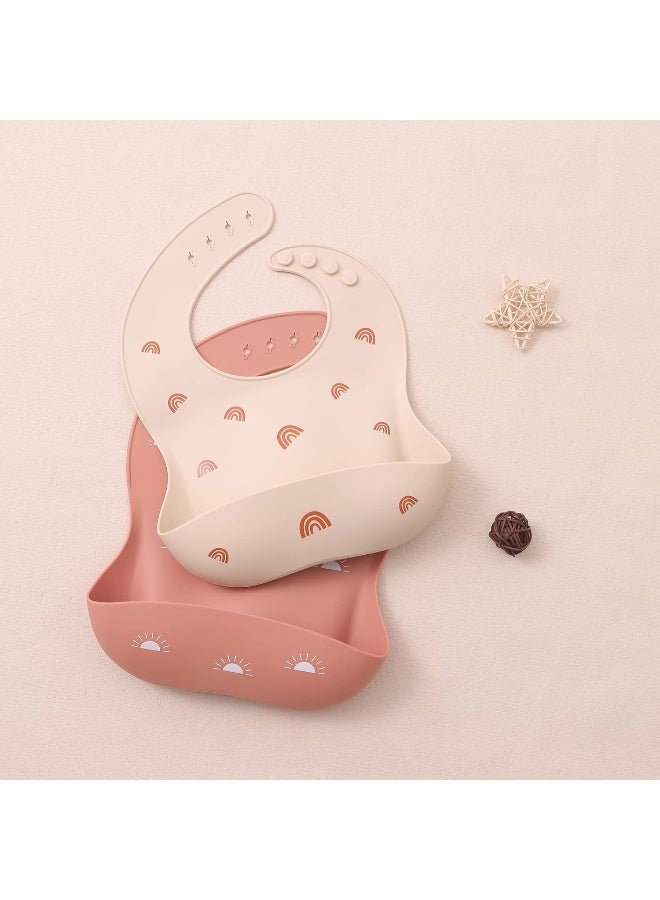 ROCCED Baby Silicone Bibs 2 Sets Baby Bibs with Food Catcher for Girls Boys Toddlers BPA Free Waterproof Soft Adjustable for Babies-Soft Pink/Pale Mauve - Image 4