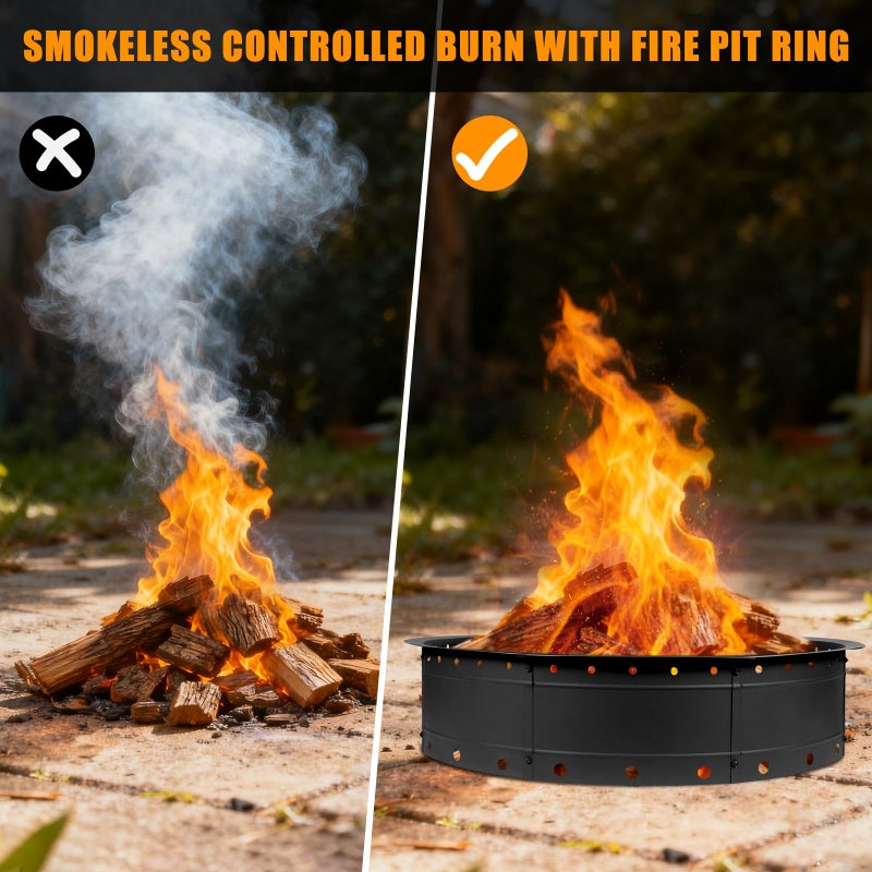 Zzuvjoy 36 Inch Fire Pit Ring, Large Outdoor Campfire Pit for Patio Backyard Garden, Smokeless Steel Firepit with Air Vent for Efficient Burning & Anti-Rust Coating, Black Steel - Image 5