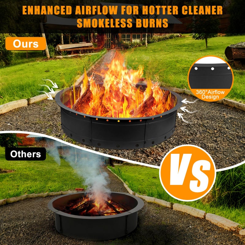 Zzuvjoy 36 Inch Fire Pit Ring, Large Outdoor Campfire Pit for Patio Backyard Garden, Smokeless Steel Firepit with Air Vent for Efficient Burning & Anti-Rust Coating, Black Steel - Image 2