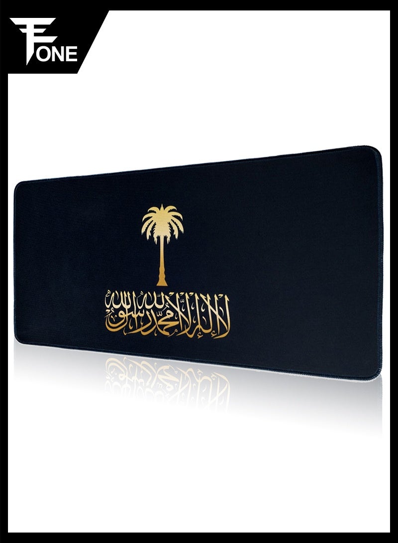 فون قطعة واحدة سادة ماوس علم المملكة العربية السعودية، سادة ماوس شعار المملكة الوطني، سادة مكتب ذات قاعدة مطاطية مانعة للانزلاق وحواف مخيطة، سادة لوحة مفاتيح للاعبين/المكتب/المنزل/هدية، مقاس 80x30x0.3 سم لون أسود - Image 1