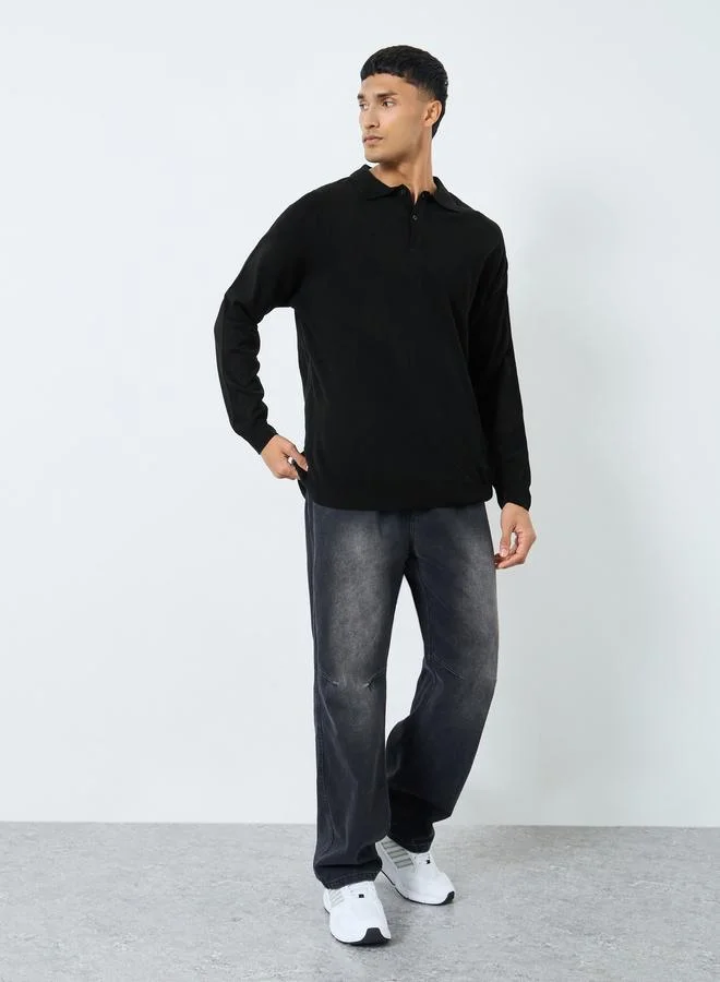 Styli Men Black Long Sleeve Polo Knit Sweater