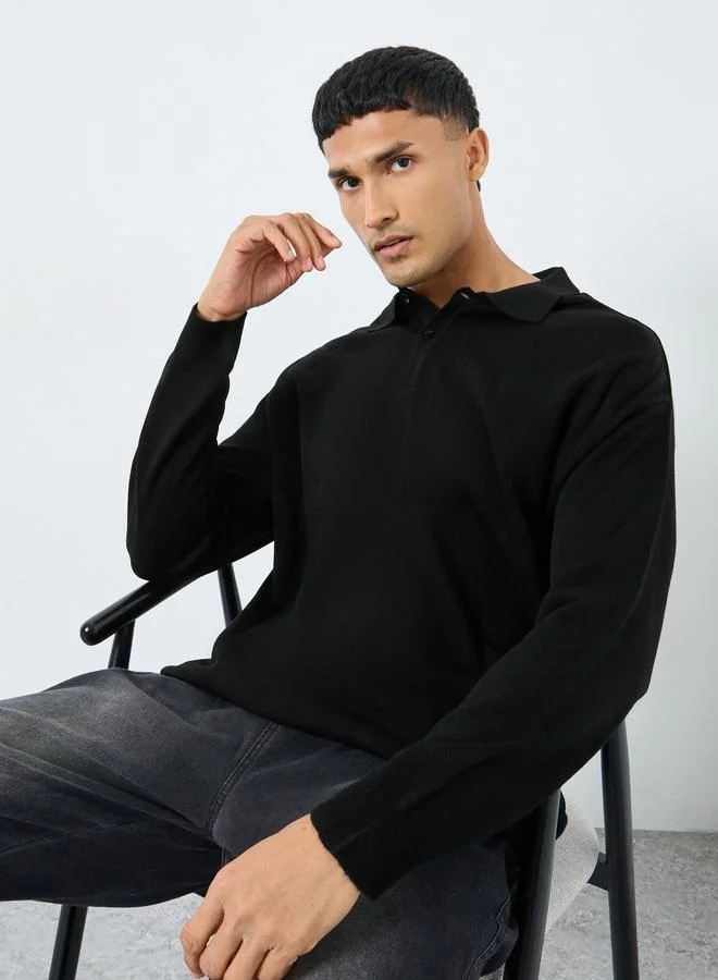 Styli Men Black Long Sleeve Polo Knit Sweater