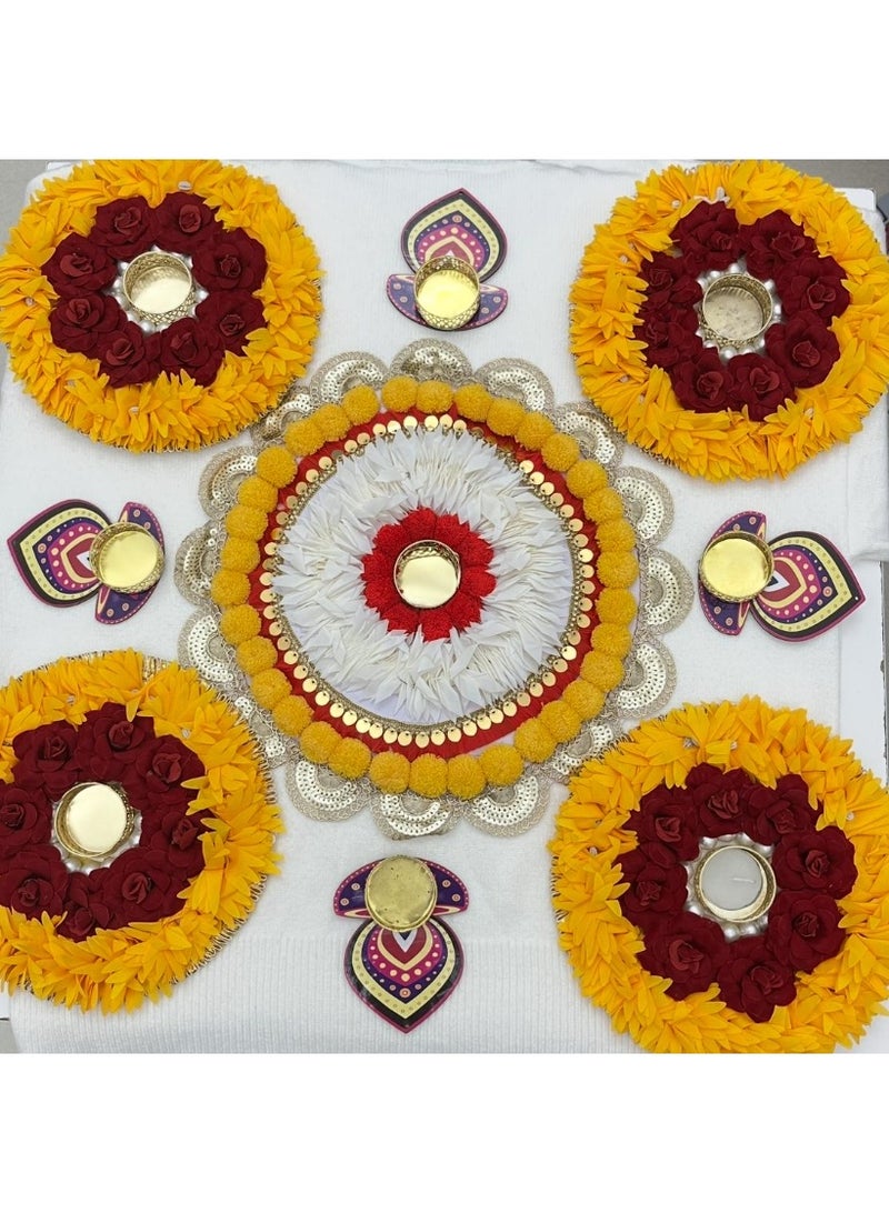 زينة ديوالي / مجموعة رنجولي زهور أنيقة مع حوامل الشموع – زينة ديوالي مصنوعة يدويًا مع أقحوان أصفر، ورود حمراء وبتلات بيضاء