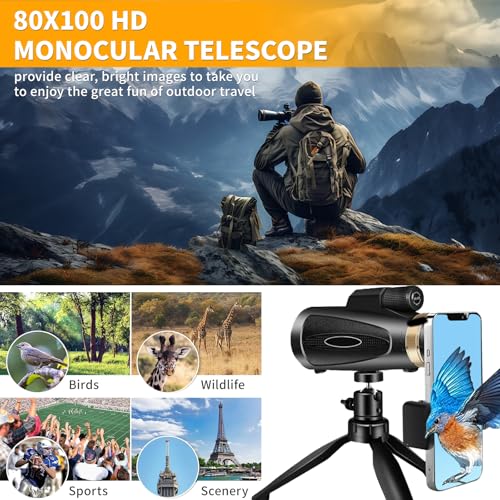 KTBDING Monocular Telescope 80x100 HD Monoculars for Adults with Tripod & Phone Adapter, Monoculars for Bird Watching Stargazing Camping Hiking Hunting Wildlife Travel-Black - Image 4