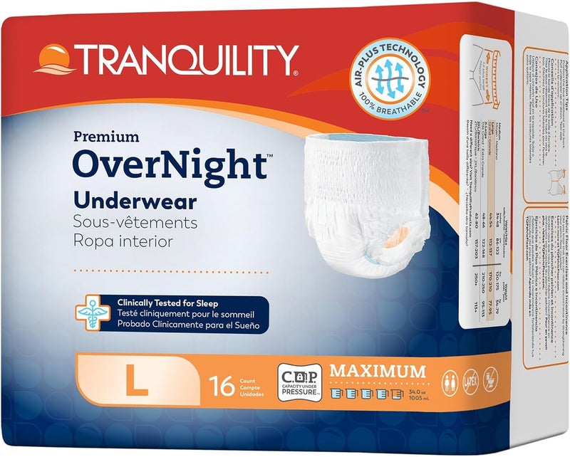 Tranquility Premium OverNight Disposable Absorbent Underwear 16 Count L 4454 in Waist Maximum Absorbency AllNight Sleep Breathable Comfort 16 Adult Diapers - Image 1