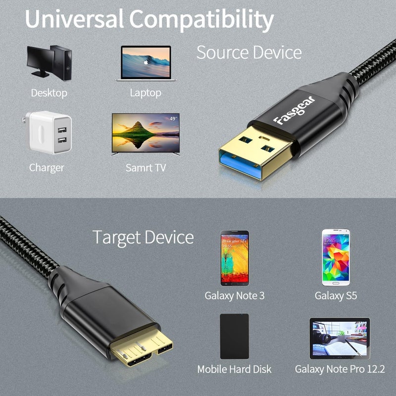 Fasgear USB 3.0 to Micro B Cable, 1 Pack 6ft Nylon Braided 5Gbps Charging and Syncing for Galaxy Note 3, WD, Seagate, Samsung, Toshiba External Hard Drive, Mobile Hard Disk (Black) - Image 5