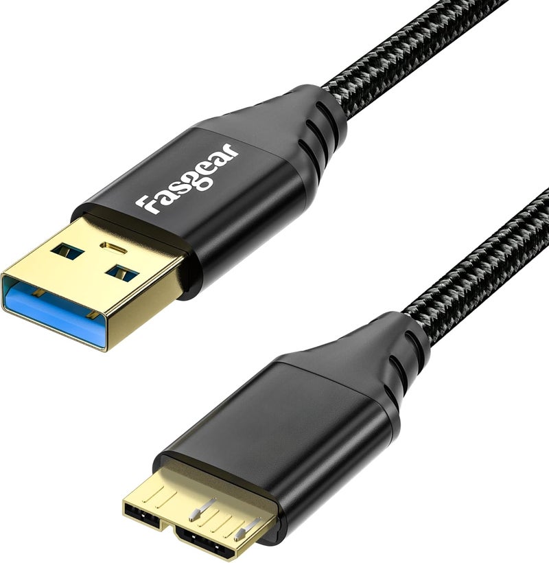 Fasgear USB 3.0 to Micro B Cable, 1 Pack 6ft Nylon Braided 5Gbps Charging and Syncing for Galaxy Note 3, WD, Seagate, Samsung, Toshiba External Hard Drive, Mobile Hard Disk (Black) - Image 1