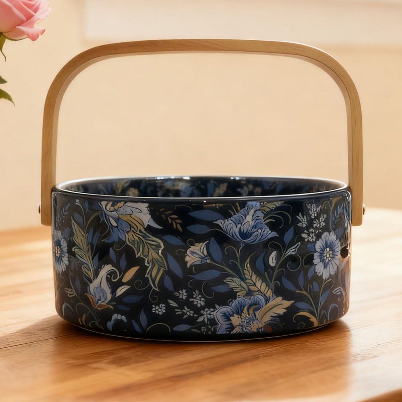 EWEIGEER Ceramic Key Bowl with Wooden Handle Decorative Bowl Flower Basket Kitchen & Dining Table Office Room Decor(Black) - Image 1