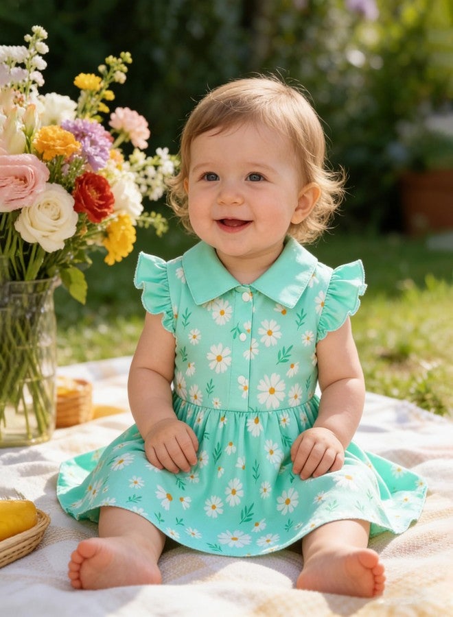 YALLET 12 18 Months Newborn Dress Flutter Sleeves Polo Collar Baby Dresses Snap Button Romper Cute Print Baby Girl Clothing for Valentine's Day Easter Casual Photo Daily Wear(Light Green,12-18 Months) - Image 3