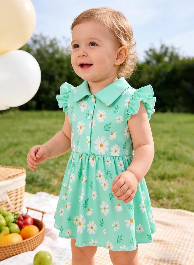 YALLET 12 18 Months Newborn Dress Flutter Sleeves Polo Collar Baby Dresses Snap Button Romper Cute Print Baby Girl Clothing for Valentine's Day Easter Casual Photo Daily Wear(Light Green,12-18 Months) - Image 2