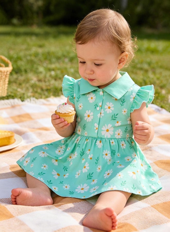 YALLET 12 18 Months Newborn Dress Flutter Sleeves Polo Collar Baby Dresses Snap Button Romper Cute Print Baby Girl Clothing for Valentine's Day Easter Casual Photo Daily Wear(Light Green,12-18 Months) - Image 4