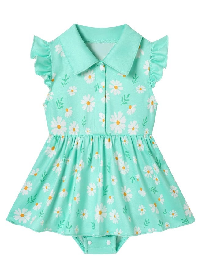 YALLET 12 18 Months Newborn Dress Flutter Sleeves Polo Collar Baby Dresses Snap Button Romper Cute Print Baby Girl Clothing for Valentine's Day Easter Casual Photo Daily Wear(Light Green,12-18 Months) - Image 1
