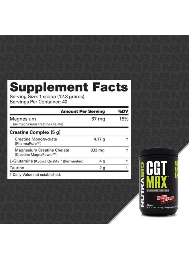 NutraBio CGT-MAX Powder- Creatine, Glutamine and Taurine to Support Muscle Recovery and Strength - 40 Servings - Tropical Fruit Punch…  - Image 2