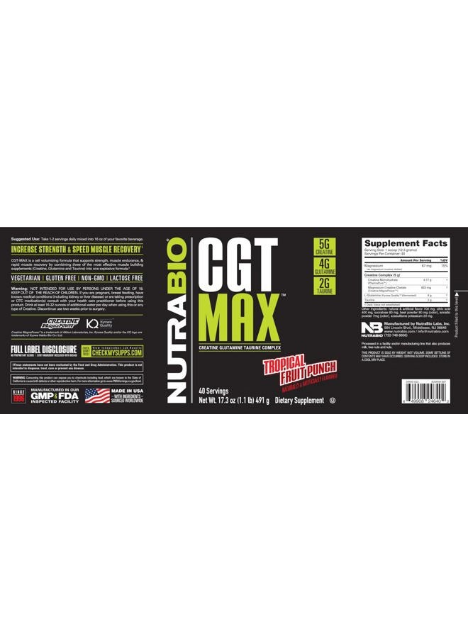 NutraBio - CGT-MAX Powder- Creatine, Glutamine and Taurine to Support Muscle Recovery and Strength - 40 Servings - Tropical Fruit Punch… - Image 1
