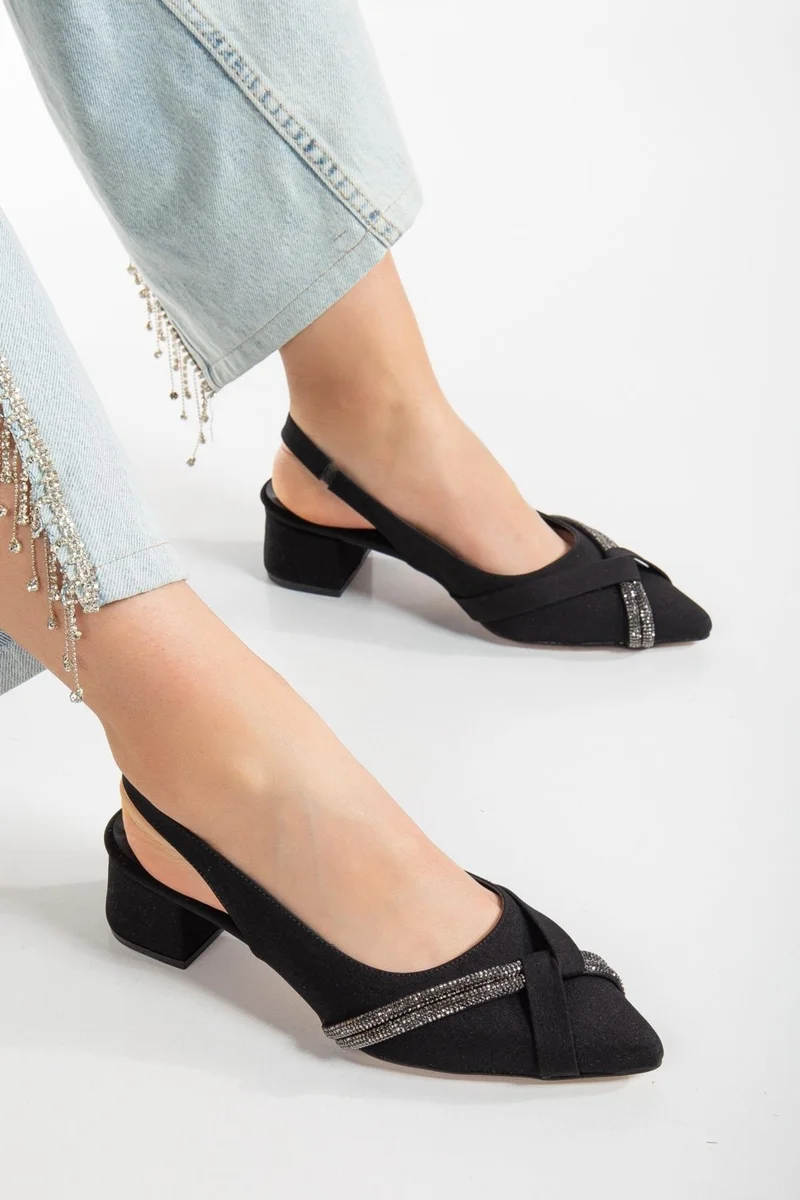 Dilimler Ayakkabı Slices Shoes Large Size Zara Satin Stone Black Women's Short Heeled Evening Dress Shoes