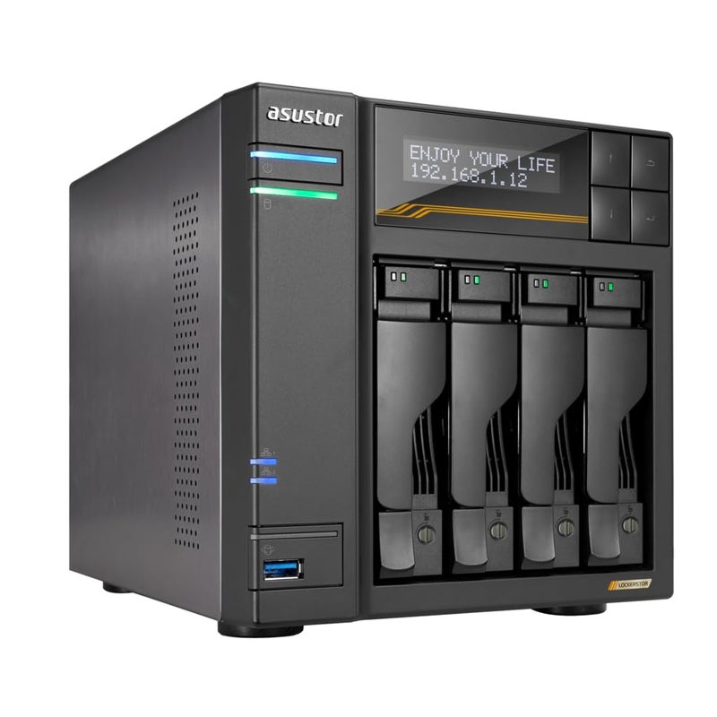 asustor Asustor Lockerstor 4 Gen3 AS6804T, 4 Bay NAS, AMD Ryzen Quad-Core 2.3 GHz, 16GB RAM ECC DDR5, 4 M.2 NVMe Slots, Dual 5GbE and Dual 10GbE Port, USB 4.0 Type-C, Network Attached Storage (Diskless) - Image 1