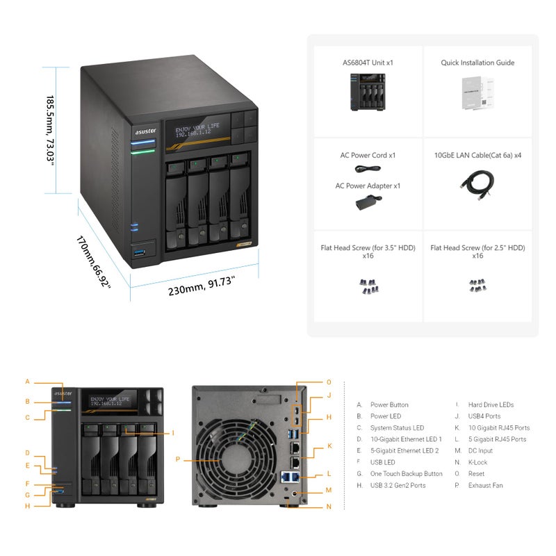 asustor Asustor Lockerstor 4 Gen3 AS6804T, 4 Bay NAS, AMD Ryzen Quad-Core 2.3 GHz, 16GB RAM ECC DDR5, 4 M.2 NVMe Slots, Dual 5GbE and Dual 10GbE Port, USB 4.0 Type-C, Network Attached Storage (Diskless) - Image 2