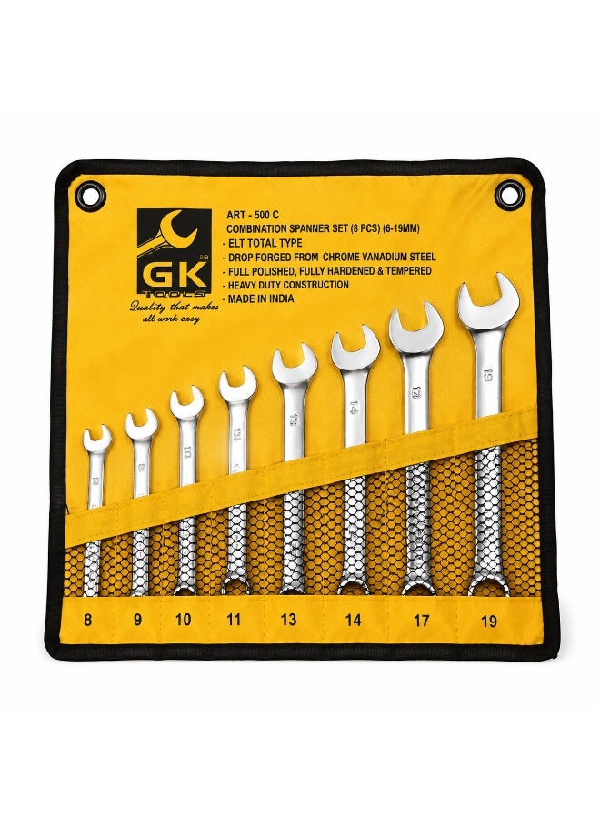 GK Combination Spanner Set – 8 Pieces, Silver, Dual-End (Open & Ring) - Image 1