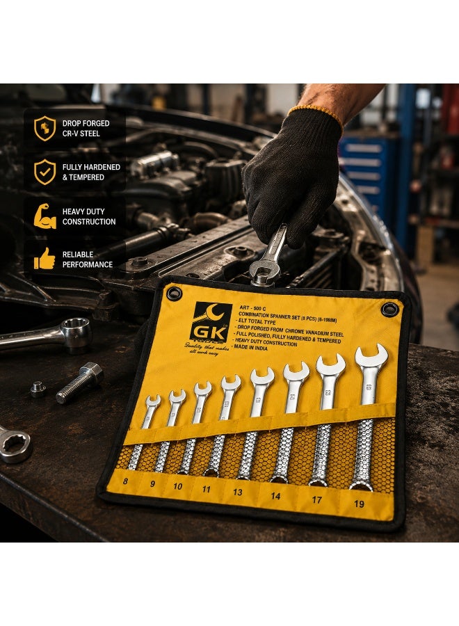 GK Combination Spanner Set – 8 Pieces, Silver, Dual-End (Open & Ring) - Image 3