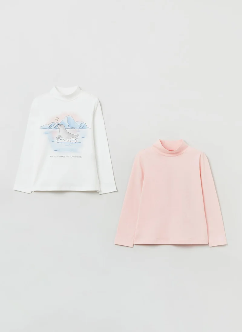 او في اس Ovs Girls 2 Pack Print And Plain Turtleneck Tops