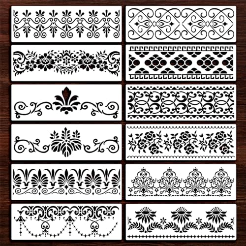 QSZKeer 12Pcs Border Stencils Flower Stencil Template Plastic Edge Painting Stencil Reusable Art Stencils Floral Edge DIY Craft Drawing Template for Card Scrapbooking Painting on Wood Wall Floor Canvas Decor - Image 1