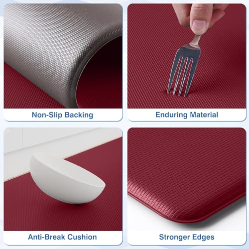 StepRite Kitchen Mats, 2PCS Kitchen Rugs, Cushioned Anti Fatigue Kitchen Mats for Floor, Non-Slip Standing Desk Mat, Waterproof Kitchen Rug Set for Kitchen, Floor, Office, 17.3"x30"+17.3"x47", Red - Image 3