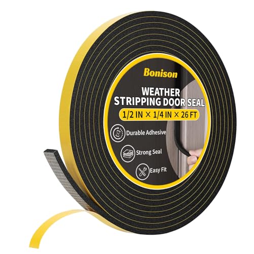 Bonison 26Ft Weather Stripping Door Seal - 1/2" x 1/4" Door Seal Strip for Door Frame, High Density Foam Insulation Tape, Self Adhesive Soundproof Gap Filler for Doors, Windows, Sliding Door and AC Units - Image 1