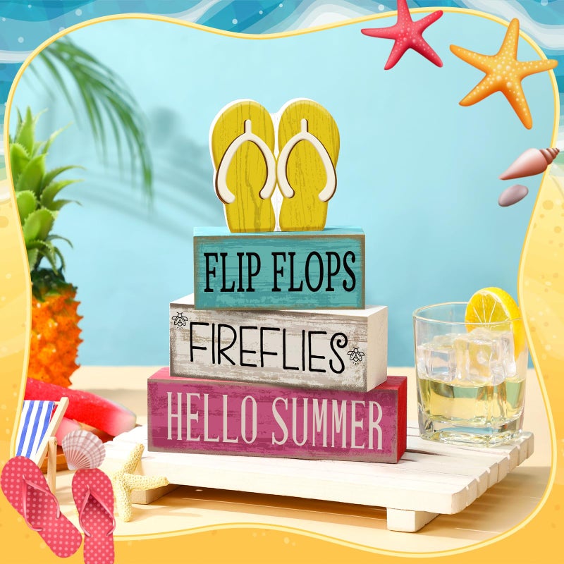 Yuntau 4 Pcs Summer Table Decorations Wooden Sign Flip Flops Table Centerpiece Summer Tiered Tray Decor Decorative Faux Book Stack Block for Coffee Fireplace Mantel Floating Shelf Hawaii - Image 2
