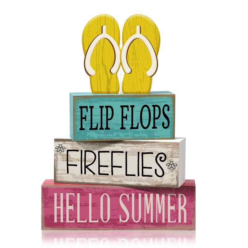 Yuntau 4 Pcs Summer Table Decorations Wooden Sign Flip Flops Table Centerpiece Summer Tiered Tray Decor Decorative Faux Book Stack Block for Coffee Fireplace Mantel Floating Shelf Hawaii - Image 1