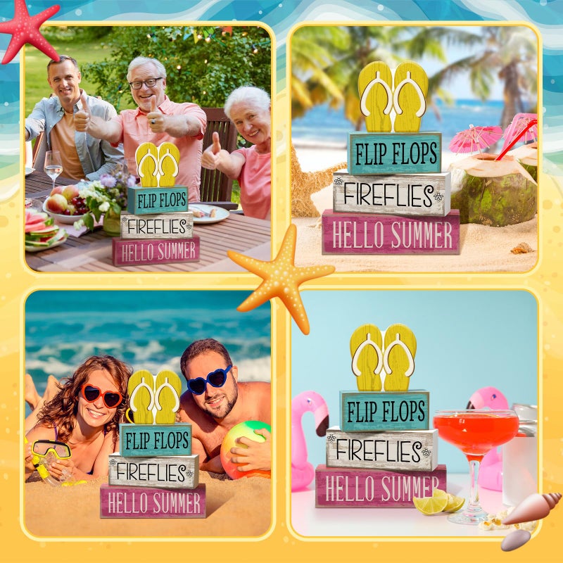 Yuntau 4 Pcs Summer Table Decorations Wooden Sign Flip Flops Table Centerpiece Summer Tiered Tray Decor Decorative Faux Book Stack Block for Coffee Fireplace Mantel Floating Shelf Hawaii - Image 4