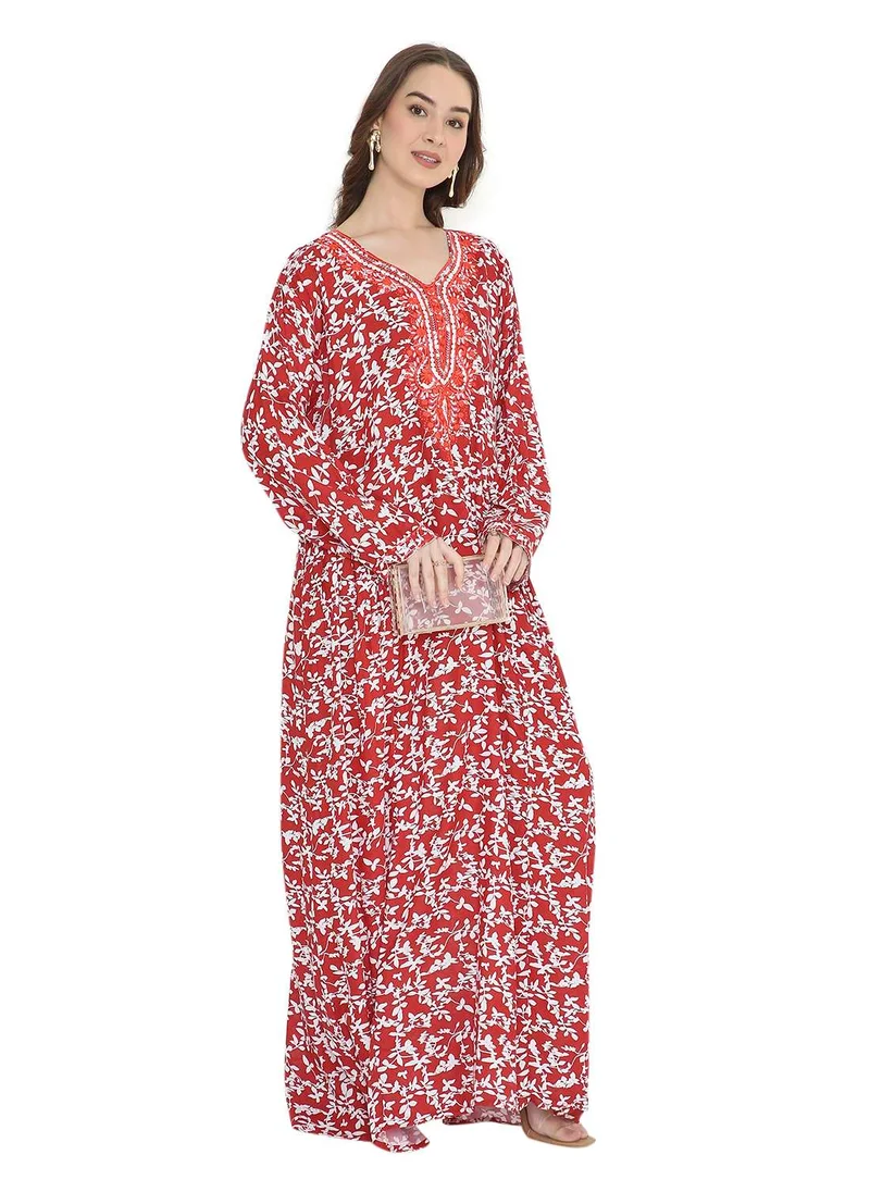 HANA & SARA STYLISH ELEGANT THREAD EMBROIDERY WITH PRINTED LONG ARABIC KAFTAN JALABIYA DRESS