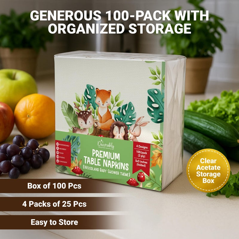 Decorably 3-Ply 100 Pack Disposable Cocktail Woodland Napkins Baby Shower - 5x5in 4 Forest Animals Designs Folded Square, for Beverage, Appetizers, Dinner, Tea & Garden Party, Birthday, Wedding - Image 5