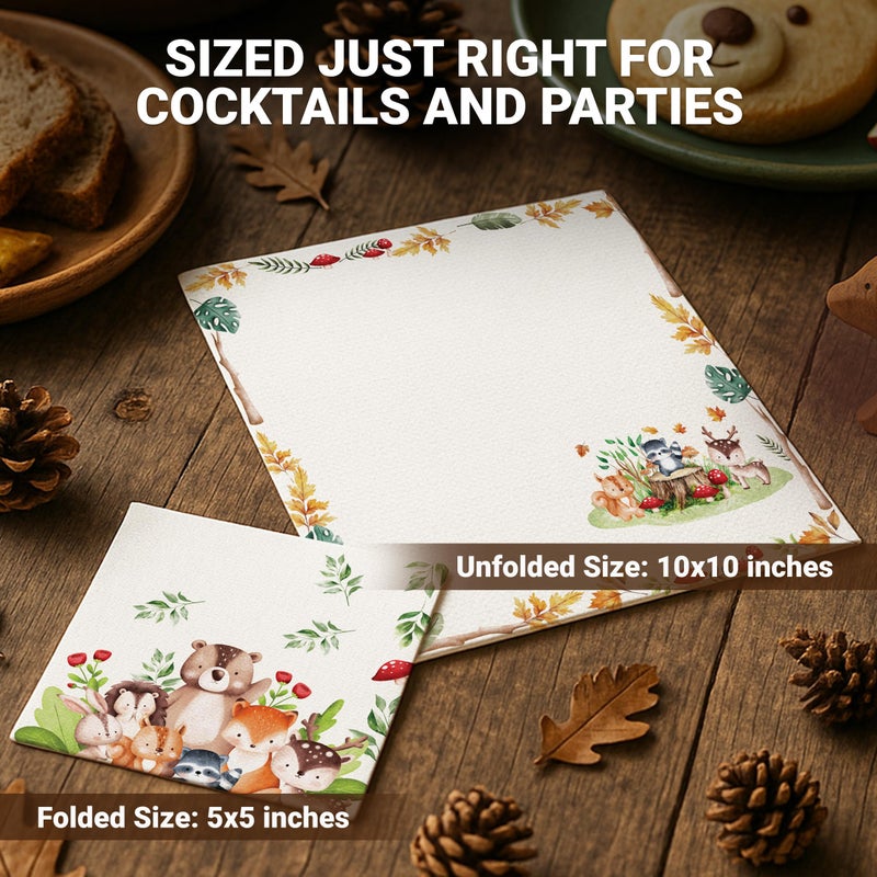 Decorably 3-Ply 100 Pack Disposable Cocktail Woodland Napkins Baby Shower - 5x5in 4 Forest Animals Designs Folded Square, for Beverage, Appetizers, Dinner, Tea & Garden Party, Birthday, Wedding - Image 3