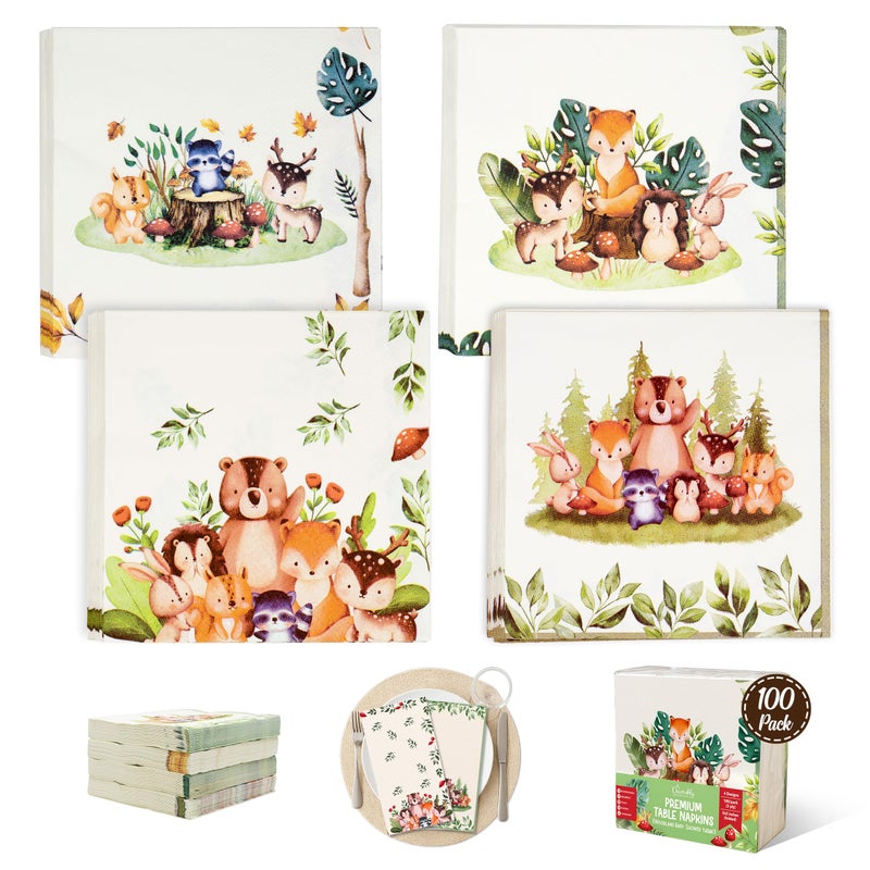 Decorably 3-Ply 100 Pack Disposable Cocktail Woodland Napkins Baby Shower - 5x5in 4 Forest Animals Designs Folded Square, for Beverage, Appetizers, Dinner, Tea & Garden Party, Birthday, Wedding - Image 1
