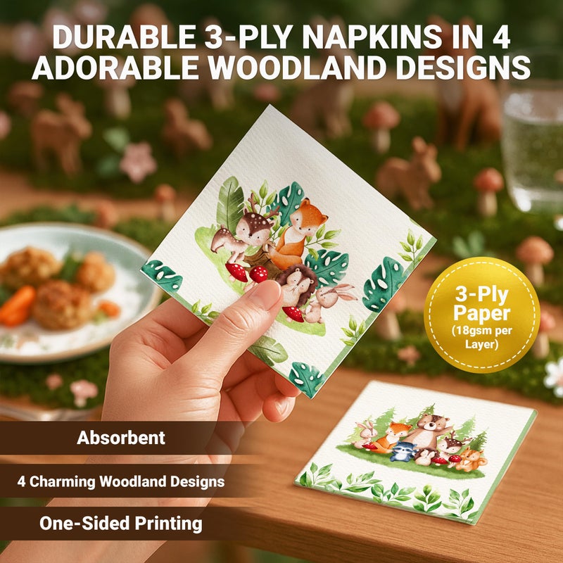 Decorably 3-Ply 100 Pack Disposable Cocktail Woodland Napkins Baby Shower - 5x5in 4 Forest Animals Designs Folded Square, for Beverage, Appetizers, Dinner, Tea & Garden Party, Birthday, Wedding - Image 4