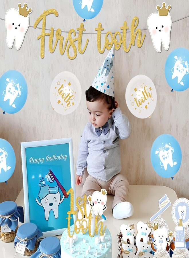 Merrystorm زينة حفلة عيد ميلاد الطفل الأول، خلفية تصوير زرقاء لأول سن للطفل الأول، لافتة ذهبية لامعة لأول سن، زينة كعكة على شكل سن للأولاد، لوازم حفلات عيد ميلاد الأطفال بطابع طبيب الأسنان - Image 4