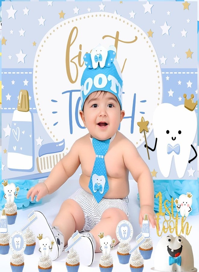 Merrystorm زينة حفلة عيد ميلاد الطفل الأول، خلفية تصوير زرقاء لأول سن للطفل الأول، لافتة ذهبية لامعة لأول سن، زينة كعكة على شكل سن للأولاد، لوازم حفلات عيد ميلاد الأطفال بطابع طبيب الأسنان - Image 5