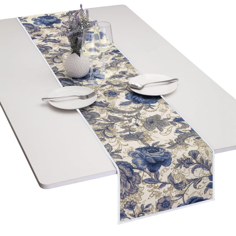 mookaitedecor Cotton Table Runner Blue Flower Table Runners for Dinner Parties Weddings Decor  Everyday Use 12 x 60 Inch