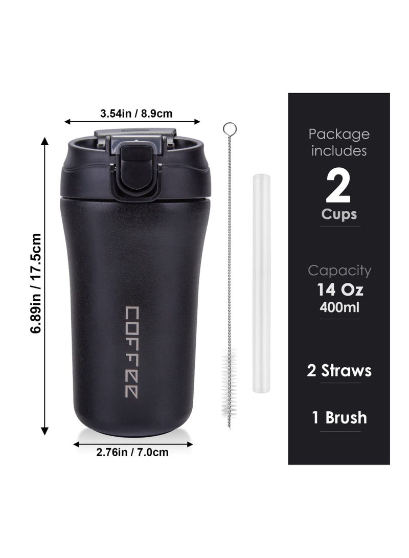 SYOSI SYOSI 2 Pcs 14oz Travel Coffee Mug, Vacuum Insulated Coffee Travel Mug Spill Proof with Lid and Straw, Reusable Coffee Tumbler for Keep Hot, Ice Coffee, Tea and Beer (BLACK, WHITE) - Image 4