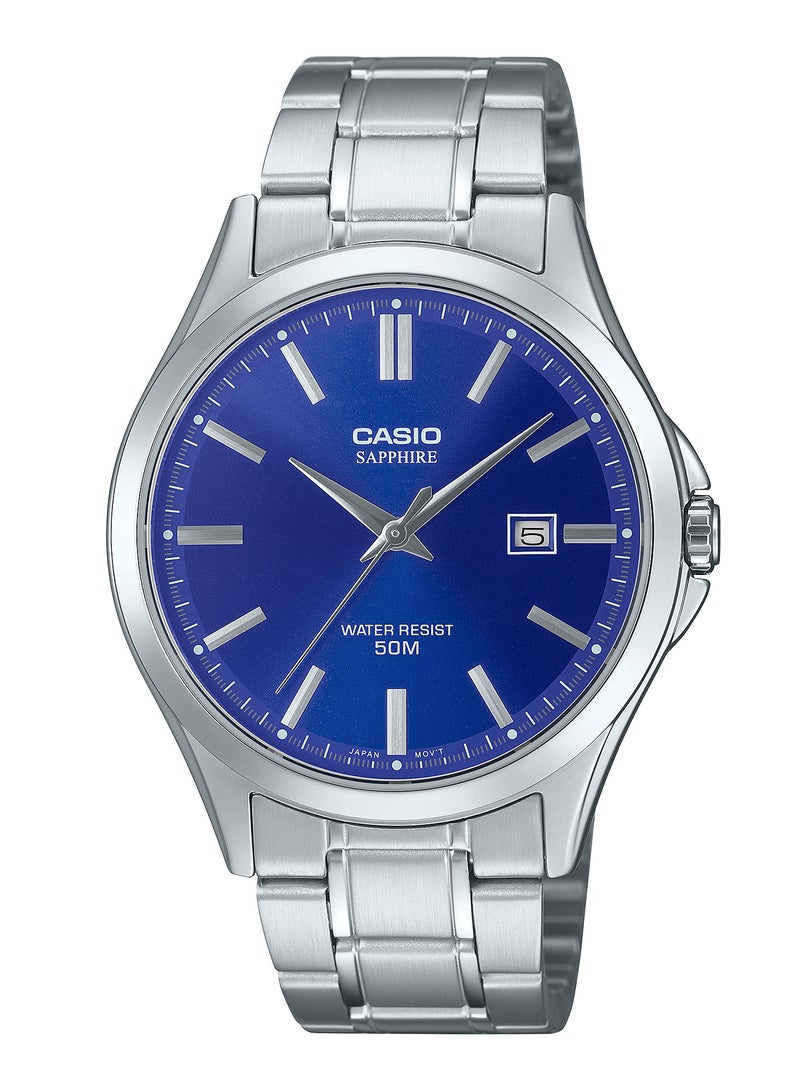 CASIO MTS-115D-2A – ساعة يد تناظرية للرجال بقرص أزرق وسوار من الفولاذ المقاوم للصدأ