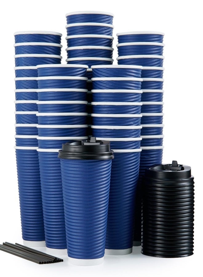 LITOPAK 80 Pack Insulated Ripple Wall 16 oz Disposable Paper Cups, Three Layer Insulated Hot Paper Coffee Cups with Lid and Straws for Parties, Picnics, and Travel - Image 1