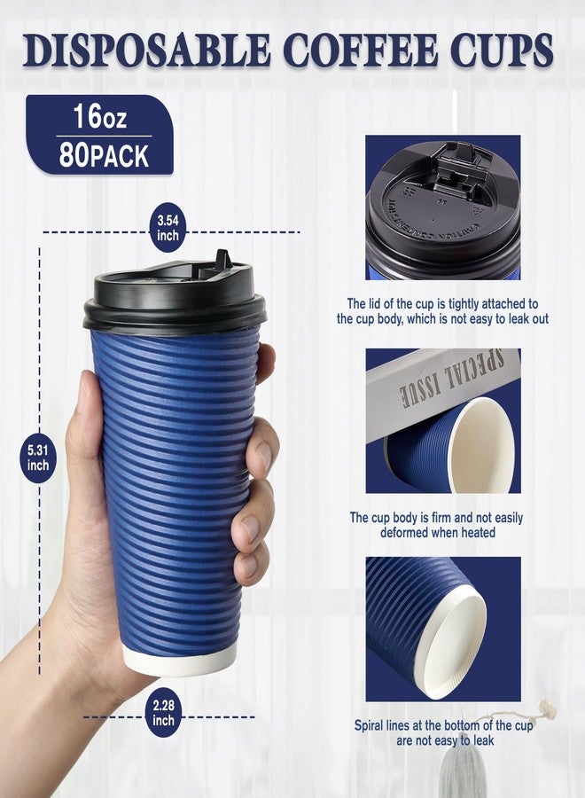 LITOPAK 80 Pack Insulated Ripple Wall 16 oz Disposable Paper Cups, Three Layer Insulated Hot Paper Coffee Cups with Lid and Straws for Parties, Picnics, and Travel - Image 2