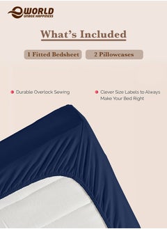 Eworld 3-Piece Blue Cotton Fitted Bedsheet Set Includes 1 Deep-Pocket Sheet for a Snug Fit and 2 Pillow Covers, Breathable, Machine Washable for Optimal Protection, Available in King, Queen and Single Sizes  - Image 2