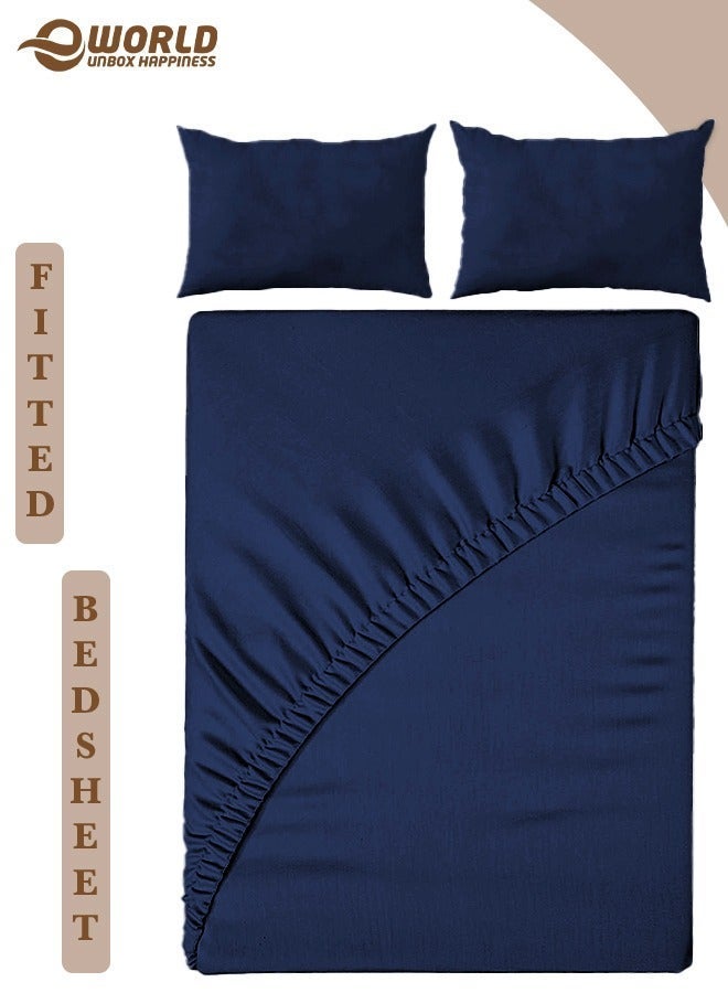 Eworld 3-Piece Blue Microfiber Fitted Bedsheet Set Includes 1 Deep-Pocket Sheet for a Snug Fit and 2 Pillow Covers, Breathable, Machine Washable for Optimal Protection, Available in King, Queen and Single Sizes - Image 1