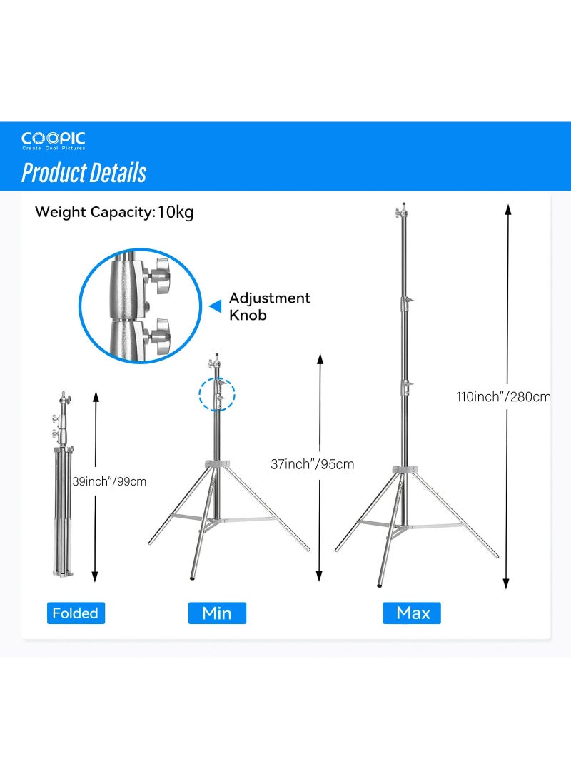 كوبيك حامل إضاءة COOPIC L-280M من الفولاذ المقاوم للصدأ، بطول 280 سم (110 بوصة)، شديد التحمل، مزود بنابض امتصاص الصدمات ومحول عالمي من 1/4 بوصة إلى 3/8 بوصة، مناسب لصناديق الإضاءة الناعمة في الاستوديوهات، ووحدات الإضاءة الأحادية، وغيرها. - Image 4
