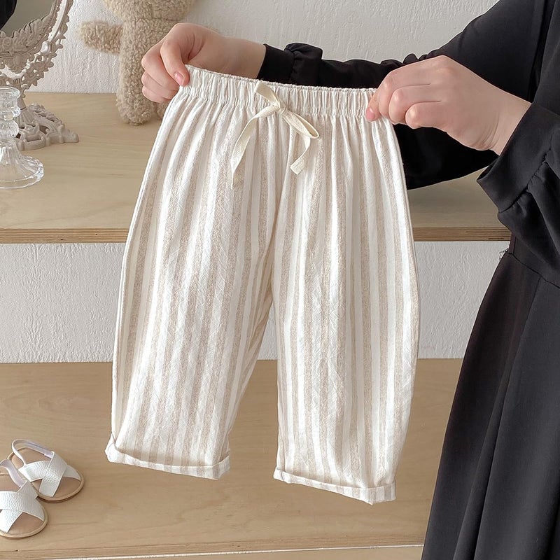 Ashmyova Classic Casual Pants for Boys Thin Cotton Stripe Elastics Waist Spring Summer Trousers Toddler Long Pants 2Pcs Black/Khaki Size 18-24 Months - Image 2