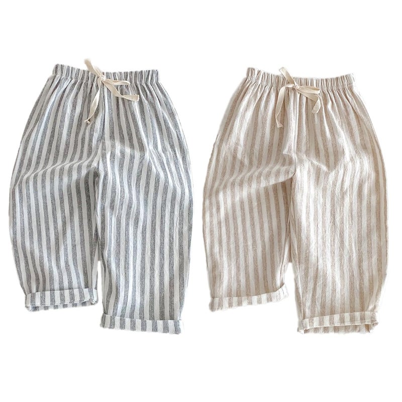 Ashmyova Classic Casual Pants for Boys Thin Cotton Stripe Elastics Waist Spring Summer Trousers Toddler Long Pants 2Pcs Black/Khaki Size 18-24 Months - Image 1